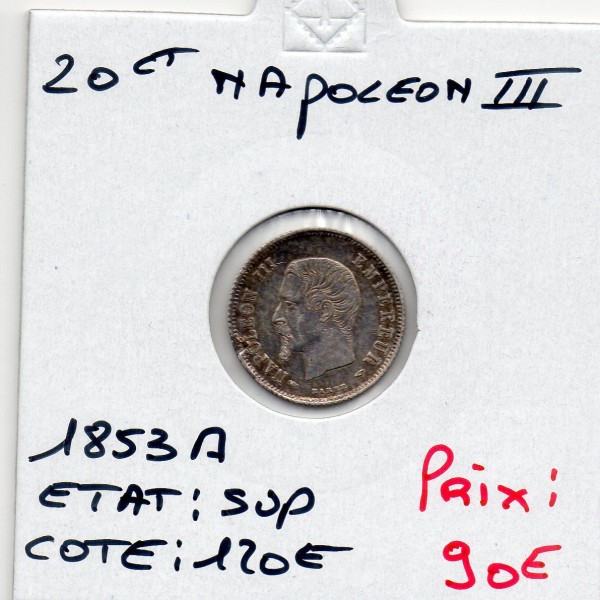 20 centimes Napoléon III tête nue 1853 A Paris Sup defaut flan