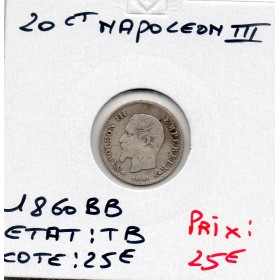 20 centimes Napoléon III tête nue 1860 BB Strasbourg TB