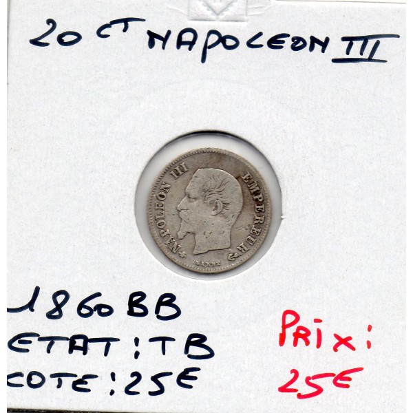 20 centimes Napoléon III tête nue 1860 BB Strasbourg TB