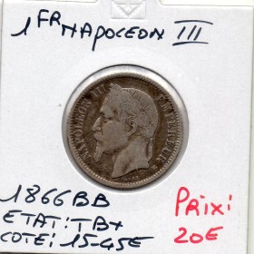 1 franc Napoléon III tête laurée 1866 BB Strasbourg TB+