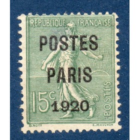 Timbre France Préoblitérés Yvert 25 semeuse poste Paris 1920 15c vert olive neuf  sans gomme aminci