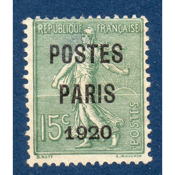Timbre France Préoblitérés Yvert 25 semeuse poste Paris 1920 15c vert olive neuf  sans gomme aminci
