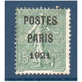 Timbre France Préoblitérés Yvert 28 semeuse poste Paris 1921 15c vert olive neuf sans gomme