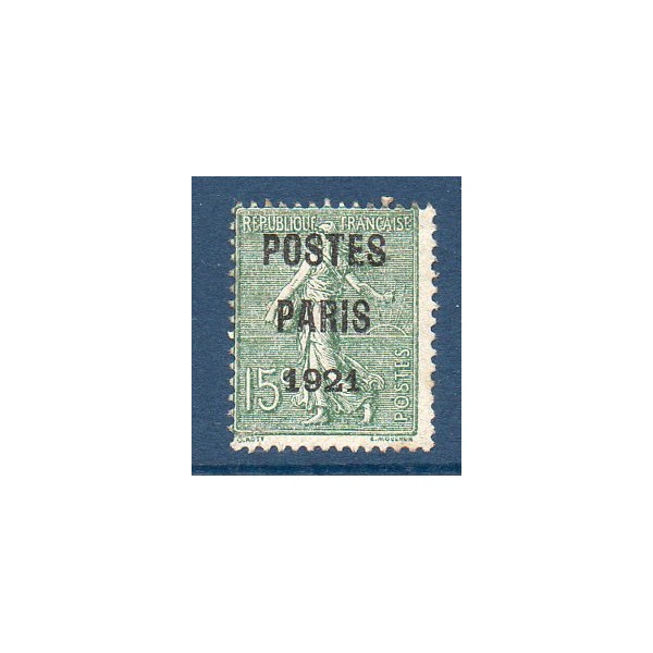 Timbre France Préoblitérés Yvert 28 semeuse poste Paris 1921 15c vert olive neuf sans gomme