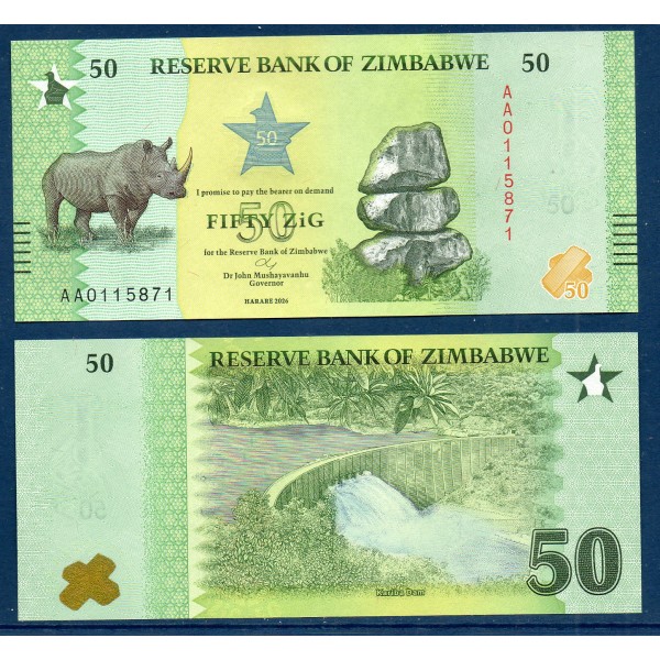 Zimbabwe P.117, Neuf, Billet de 50 Zig 2026 Rhinoceros