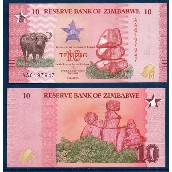 Zimbabwe P.115, Neuf, Billet de 10 Zig 2026 Bufle