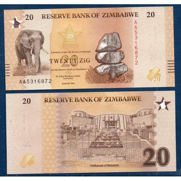 Zimbabwe P.116, Neuf, Billet de 20 Zig 2026 Elephant