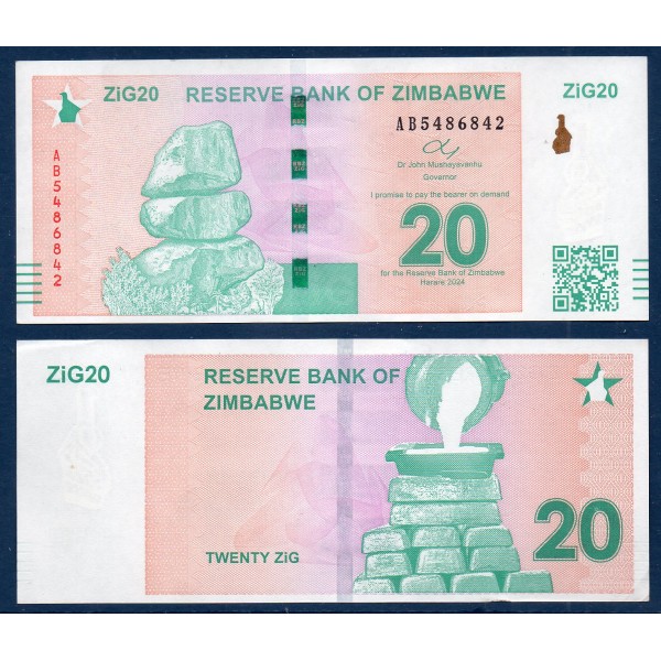 Zimbabwe P.111, Neuf, Billet de 20 Zig 2024 Fonte de l'or