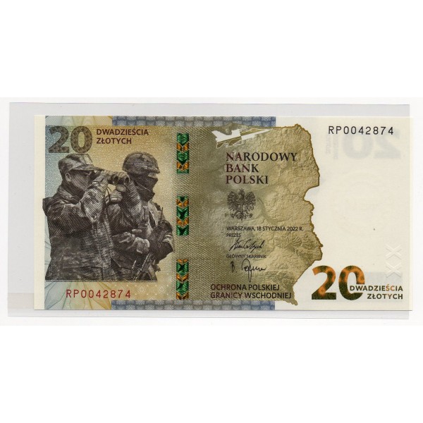 Pologne P.196, Neuf en Folder Billet de 20 Zlotych 2022 Frontière est