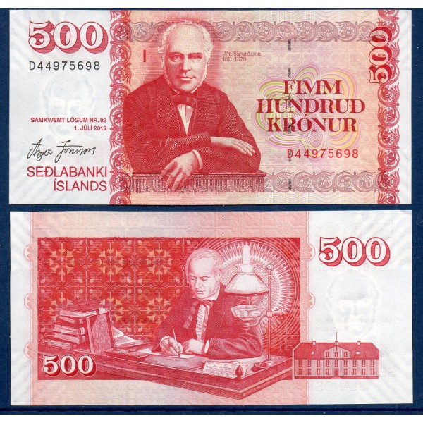 Islande P.58b, neuf Billet de 500 kronur 2019 Jon Sigurdsson