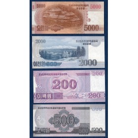 Lot de 4 Billets de corée spécimen NEUF 2008-2013 200 à 5000 won