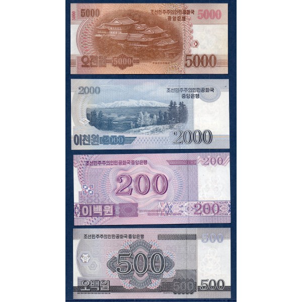 Lot de 4 Billets de corée spécimen NEUF 2008-2013 200 à 5000 won