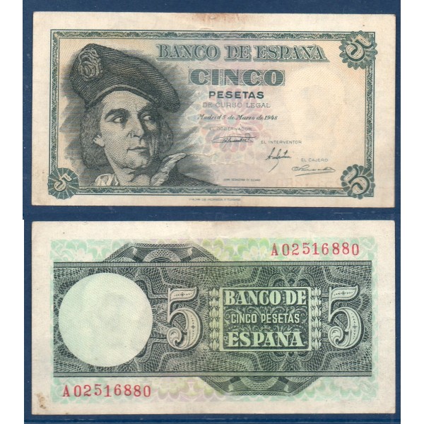 Espagne P.136a, TTB Billet de 5 pesetas 1948 Juan Sebastian Elcano