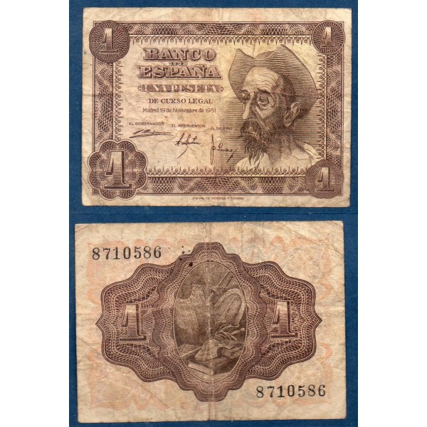Espagne P.139a, B Billet de banque de 1 peseta 1951 Don Quijote