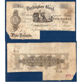 Grande Bretagne Darlington bank B billet de 5 Pounds 1885