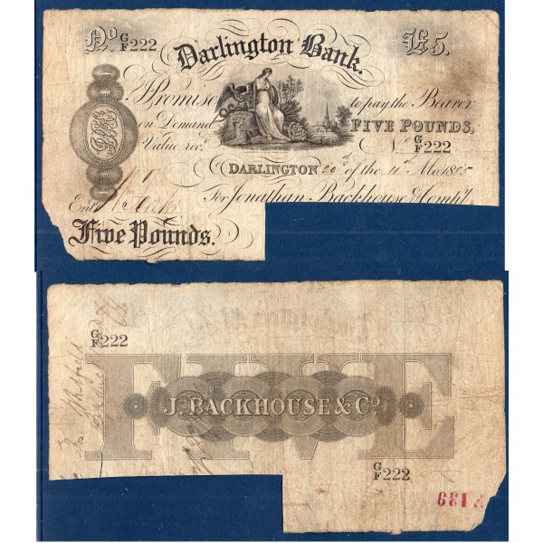 Grande Bretagne Darlington bank B billet de 5 Pounds 1885