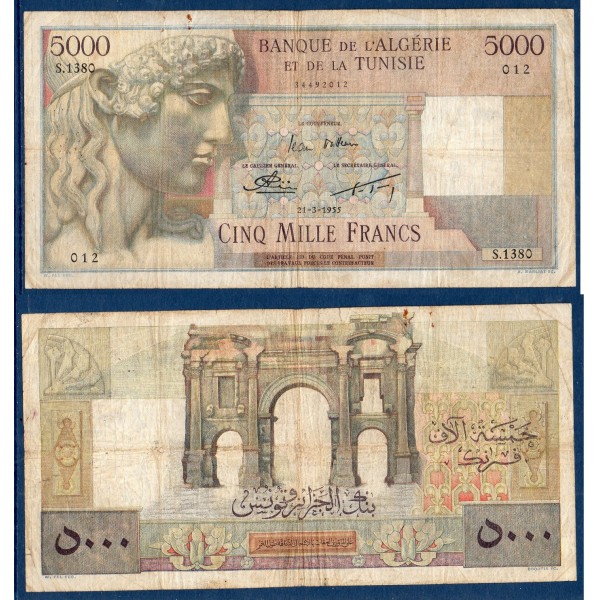 Algérie P.109b, TB-, Billet de 5000 francs 21.3.1955 Apollon