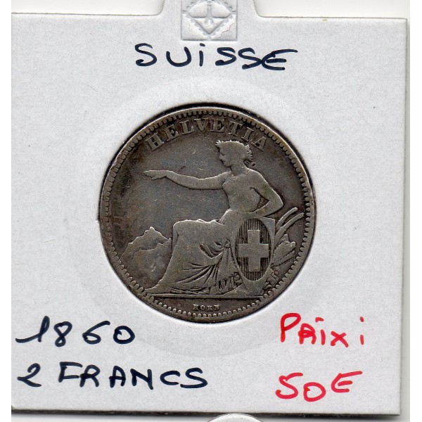 Suisse 2 francs 1860 TB, KM.10a Helvetia assise
