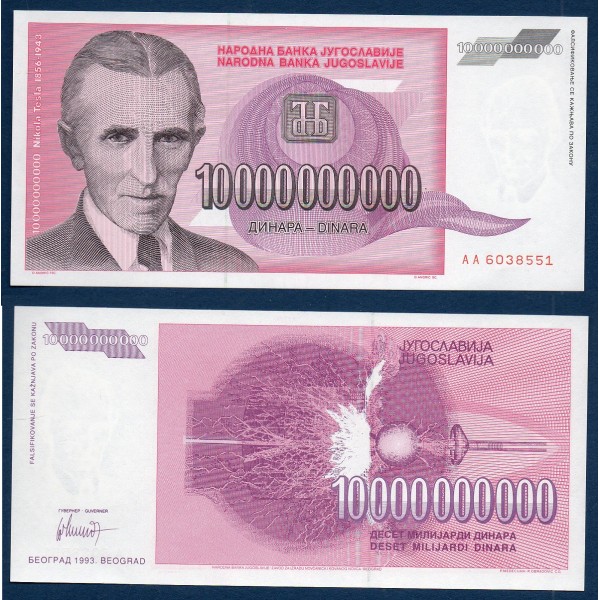 Yougoslavie P.127, Neuf Billet de 10 milliard Dinara 1993 Tesla