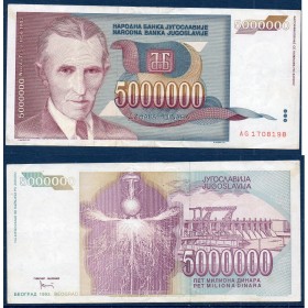 Yougoslavie P.121, TTB Billet de 5.000.000 Dinara 1993 Nikola Tesla