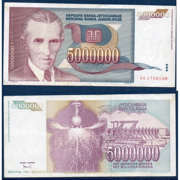 Yougoslavie P.121, TTB Billet de 5.000.000 Dinara 1993 Nikola Tesla