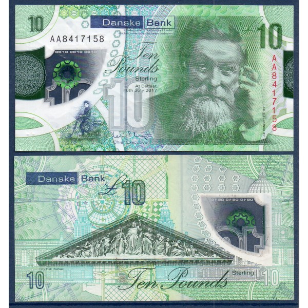 Irlande du nord P.214a, TTB Billet de 10 pounds 2017 Danske Bank Dunlop