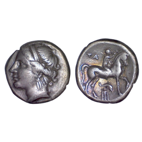 Calabre, Tarente nomos argent (-281 à -228) Nymphe et cavalier