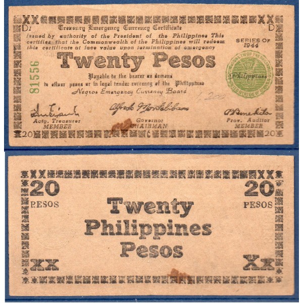 Philippines P.S680a, TTB Billet de 20 Pesos 1944 Negros