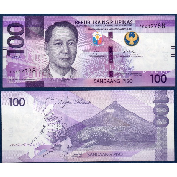 Philippines P.232Ae, Neuf Billet de 100 Piso 2025 Manuel Roxas