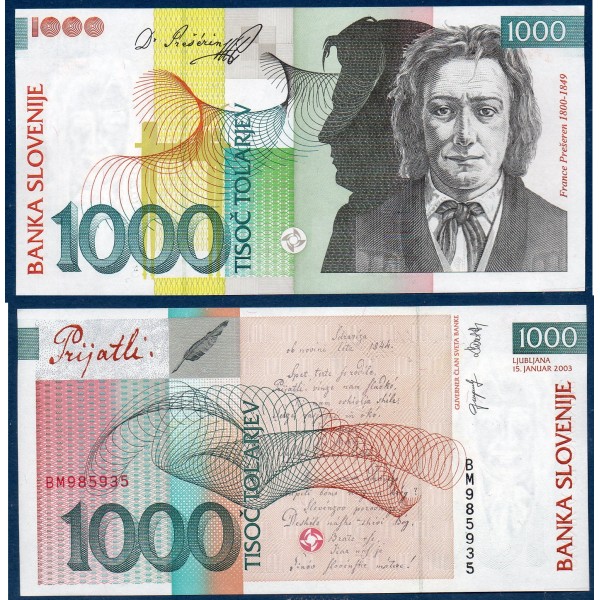Slovénie P.32a, Neuf Billet de 1000 Tollarjev 2003 France Preseren