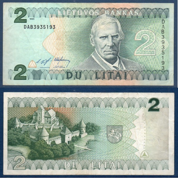 Lituanie P.54a, TTB Billet de 2 Litai 1993 Motiejus Valancius
