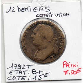 12 denier Constitution Louis XVI 1792 T Nantes B+