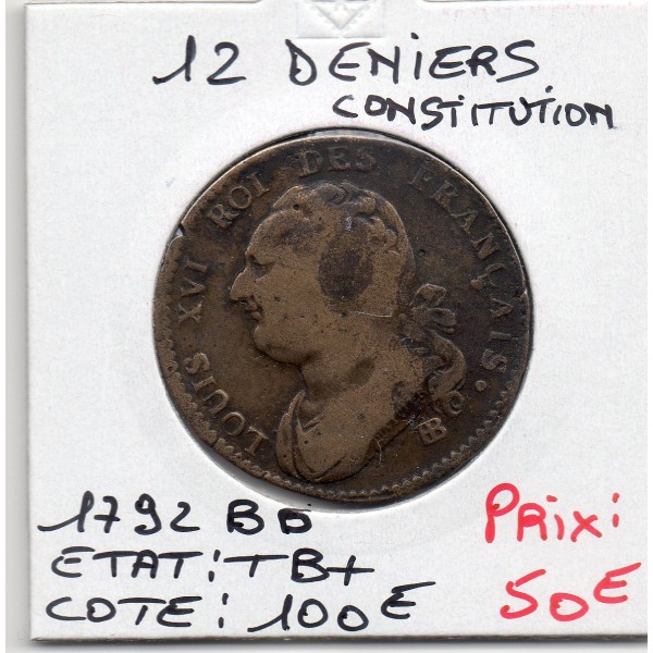 12 denier Constitution Louis XVI 1792 BB Strasbourg TB+ type français