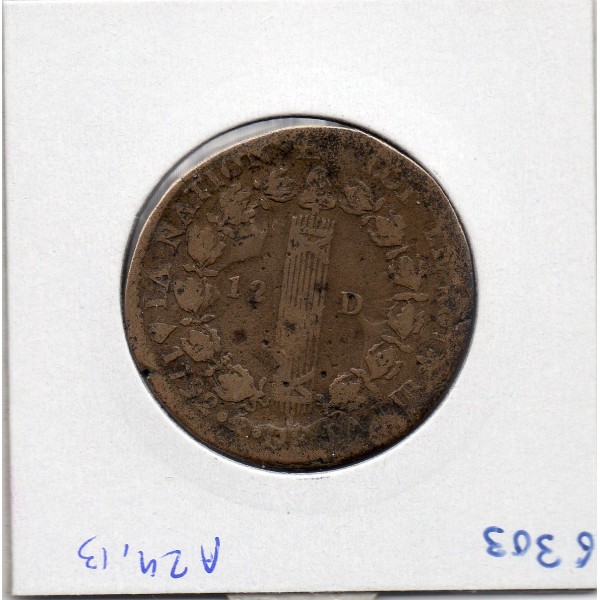 12 denier Constitution Louis XVI 1792 BB Strasbourg TB+ type français