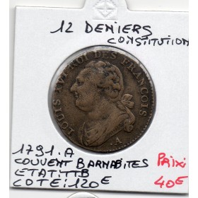 12 denier Constitution Louis XVI 1791 .A Couvent barnabites TTB, Gad.15