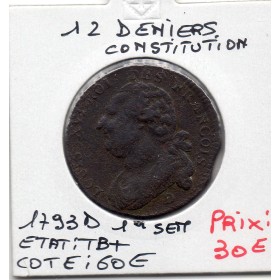 12 denier Constitution Louis XVI 1793 D Lyon TB+ 1er semestre
