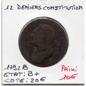 12 denier Constitution Louis XVI 1792 B Rouen B+