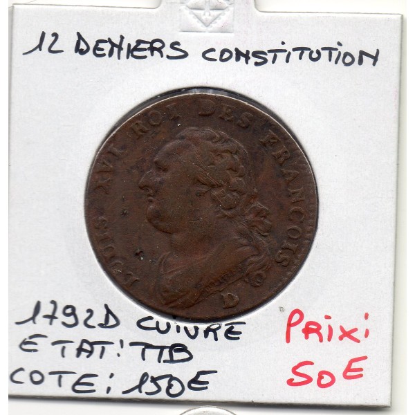 12 denier Constitution Louis XVI 1792 D Lyon TTB