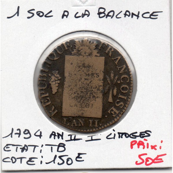 1 sol aux balances An II 1794 I Limoges Arras TB
