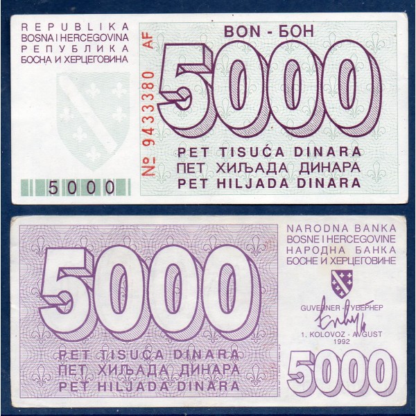Bosnie P.27a, TTB Billet de 5000 Dinara 1993 Siege de Sarajevo