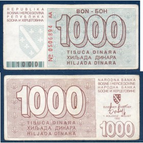 Bosnie P.26a, TTB Billet de 1000 Dinara 1993 Siege de Sarajevo
