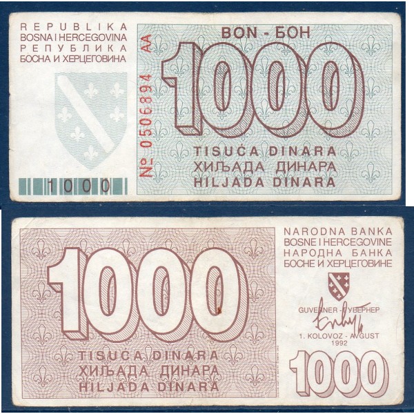 Bosnie P.26a, TTB Billet de 1000 Dinara 1993 Siege de Sarajevo