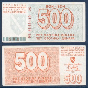Bosnie P.25a, Sup Billet de 500 Dinara 1992 Siege de Sarajevo
