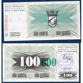 Bosnie P.56c, Neuf Billet de 100000 Dinara 1993 travnik Vert