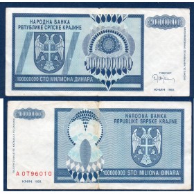 Croatie P.R15a, TTB Billet de 100 Millions dinara 1993 Bleu Krajina