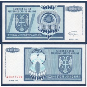 Croatie P.R15a, neuf Billet de 100 Millions dinara 1993 Bleu Krajina