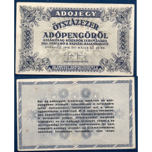 Hongrie P.139b, TTB Billet de 500000 adoPengo 1946 gris bleu
