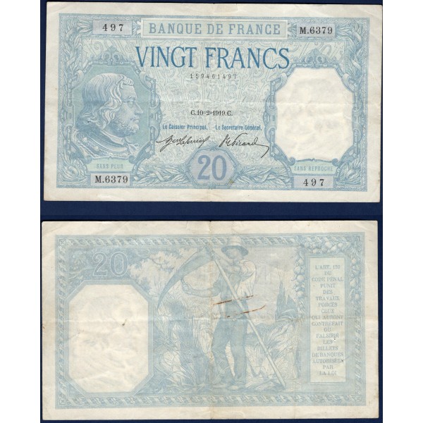 20 Francs Bayard, TTB-, 10.2.1919 Billet de la banque de France