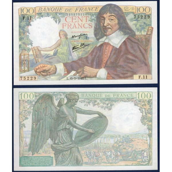100 Francs Descartes, SUP+, 15.5.1942 Billet de la banque de France