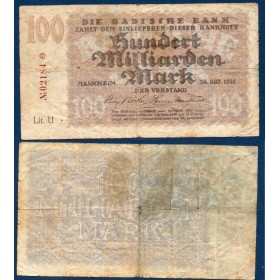 Allemagne Bade P.S914, TB Billet de 100 millions Mark 1923
